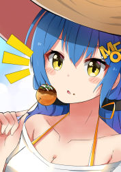 Rule 34 | 1girl, bare shoulders, blue hair, blush stickers, breasts, brown hat, cleavage, collarbone, commentary request, dutch angle, food, food on face, hair between eyes, hair ornament, hairclip, hand up, hat, holding, holding food, long hair, moemi &amp; yomemi channel, natsumi moe, notice lines, off-shoulder shirt, off shoulder, parted lips, shirt, small breasts, solo, sun hat, sylphine, virtual youtuber, white shirt, yellow eyes