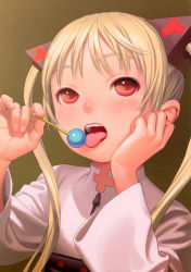 Rule 34 | 00s, 1girl, blonde hair, candy, food, hair ornament, highres, ishida karin, licking, lollipop, long hair, murata range, official art, red eyes, scan, sexually suggestive, shangri-la, solo, tongue, tongue out, twintails, zipper