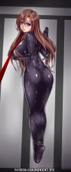 Rule 34 | 1girl, ass, bdsm, blue eyes, blush, bodysuit, bondage, bondage outfit, bound, bound legs, brown hair, dress, encasement, highres, latex, leash, long hair, looking at viewer, lying, midnight (banyex), mummification, on stomach, open mouth, original, outdoors, pet play, restrained, road, skin tight, solo, street, tight clothes, tight dress