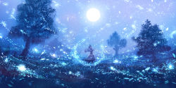 Rule 34 | 1girl, ahoge, blue theme, braid, capelet, commentary, corset, dancing, dark, dress, closed eyes, fantasy, fisheye, full moon, grass, light particles, long hair, moon, nature, original, outdoors, outstretched arms, sakimori (hououbds), scenery, single braid, solo, texture, tree