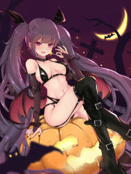 Rule 34 | 1girl, absurdres, ass, bare shoulders, bikini, black bikini, black choker, black footwear, black hair, black nails, boots, breasts, bridal gauntlets, candy, choker, crescent moon, demon girl, demon tail, demon wings, food, garter straps, habu rin, halloween, hand up, head wings, highres, holding, jack-o&#039;-lantern, large breasts, latex, lollipop, long hair, looking at viewer, moon, multi-strapped bikini, nail polish, navel, open mouth, original, pink eyes, smile, solo, stomach, string bikini, demon girl, swimsuit, tail, thigh boots, thighhighs, thighs, twintails, very long hair, wings