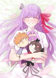 1girl character_doll closed_eyes dress emiya_shirou fate/stay_night fate_(series) grin hair_ribbon hashtag-only_commentary heaven&#039;s_feel highres kkkkttt0000 long_hair matou_sakura medusa_(fate) medusa_(rider)_(fate) open_mouth petals purple_hair red_ribbon ribbon short_sleeves smile tohsaka_rin white_dress