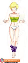 Rule 34 | 1girl, bare arms, bare shoulders, barefoot, blonde hair, blue eyes, blush, breasts, clothes pull, dragon ball, dragonball z, earrings, embarrassed, erasa (dragon ball), facing viewer, foxybulma, full body, green tube top, highres, jewelry, looking at viewer, medium breasts, midriff, miniskirt, navel, no bra, panties, pixie cut, purple skirt, short hair, simple background, skirt, skirt around ankles, skirt pull, solo, standing, strapless, transparent background, tube top, underwear, white panties