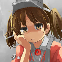 Rule 34 | 10s, 1girl, brown eyes, brown hair, cigarette, commentary, derivative work, empty eyes, frown, head rest, kantai collection, kion-kun, lowres, ryuujou (kancolle), smoke, solo, twintails, upper body, visor cap