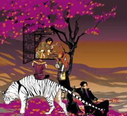 Rule 34 | 1girl, 2boys, animal, arms behind head, autumn leaves, belt, black hair, book stack, head scarf, indian style, japanese clothes, multiple boys, orange hair, original, sitting, sleeves pushed up, smoke, standing, tiger, tiptoes, tree, white tiger, window