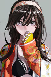 Rule 34 | 1girl, black bra, bra, breasts, brown hair, cleavage, gradient background, hair between eyes, hairband, hand to own mouth, highres, japanese clothes, kimono, layered sleeves, long hair, long sleeves, looking at viewer, medium breasts, open clothes, open kimono, original, print kimono, red hairband, ringed eyes, ryan tien, solo, underwear, upper body