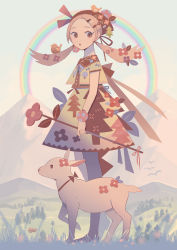 Rule 34 | 1girl, appi, bird, dress, flower, full body, grass, hair ornament, hairclip, holding, lamb, long hair, mountain, original, outdoors, parted lips, rainbow, red flower, sheep, short sleeves, solo, standing, tree, twintails