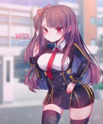 Rule 34 | 1girl, arm up, artist name, black thighhighs, blazer, blush, breasts, brown hair, building, buttons, character name, closed mouth, double-breasted, framed breasts, frown, girls&#039; frontline, hair ribbon, half updo, highres, jacket, large breasts, long hair, necktie, one side up, pelvic curtain, purple hair, red eyes, red necktie, red ribbon, ribbon, shirt, sidelocks, skirt, solo, thighhighs, thighs, very long hair, wa2000 (girls&#039; frontline), yomi yojo