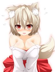 Rule 34 | 1girl, ak-r, animal ears, bad id, bad twitter id, bare shoulders, breasts, cleavage, female focus, hajime (ak-r), in heat, inubashiri momiji, large breasts, looking at viewer, red eyes, solo, tail, touhou, wolf ears, wolf tail