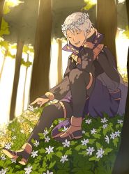Rule 34 | 1boy, ^ ^, ai-wa, bridal gauntlets, cape, closed eyes, closed eyes, fire emblem, fire emblem awakening, flower, grass, head wreath, henry (fire emblem), highres, male focus, nintendo, open mouth, sitting, smile, solo, tree, white hair