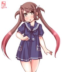 Rule 34 | 1girl, alternate costume, animal print, artist logo, asagumo (kancolle), bare legs, blue dress, blue neckerchief, blue sailor collar, blush, brown hair, cat print, collarbone, commentary request, cowboy shot, dated, dress, grey eyes, hair between eyes, hair ribbon, highres, kanon (kurogane knights), kantai collection, long hair, looking at viewer, neckerchief, open mouth, revision, ribbon, sailor collar, sailor dress, short dress, short sleeves, signature, simple background, solo, standing, twintails, white background, white ribbon