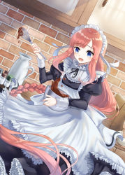 Rule 34 | 1girl, :o, absurdly long hair, apron, bag, black ribbon, blue eyes, bowl, braid, brick wall, commentary request, counter, cupboard, dutch angle, egg, frilled apron, frilled shirt collar, frills, hair ribbon, highres, holding, holding bowl, juliet sleeves, kitchen, long hair, long sleeves, maid, maid headdress, mixing bowl, neck ribbon, original, paper bag, pink hair, pitcher (container), puffy sleeves, ribbon, single braid, solo, spilling, tsutanoko (merckricy), very long hair, whisk, white apron, white ribbon