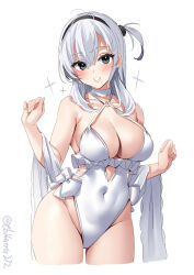 Rule 34 | 1girl, blush, breasts, casual one-piece swimsuit, choker, cleavage, collarbone, cosplay, covered navel, cowboy shot, criss-cross halter, cropped legs, ebifurya, grey eyes, grey hair, groin, hair between eyes, halterneck, highleg, highleg swimsuit, highres, kantai collection, large breasts, long hair, looking at viewer, one-hour drawing challenge, one-piece swimsuit, one side up, open mouth, sagiri (kancolle), sagiri (kancolle) (cosplay), side-tie swimsuit, simple background, smile, solo, suzutsuki (kancolle), swimsuit, twitter username, white background, white choker, white one-piece swimsuit