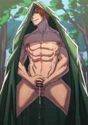 Rule 34 | 1boy, abs, blanket, cum, erection, fate/extra, fate/grand order, fate (series), highres, male focus, masturbation, muscular, naughty face, nikuo (29niku), orange hair, outdoors, penis, public indecency, robin hood (fate), tagme
