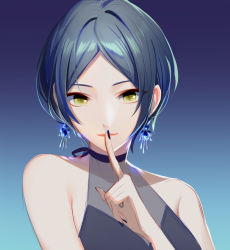 Rule 34 | 1girl, asd13, bad id, bad pixiv id, black nails, blue background, blue hair, earrings, finger to mouth, gradient background, halterneck, hayami kanade, highres, idolmaster, idolmaster cinderella girls, idolmaster cinderella girls starlight stage, index finger raised, jewelry, looking at viewer, nail polish, no bangs, parted hair, short hair, sleeveless, solo, upper body, yellow eyes