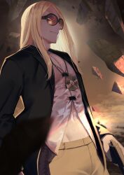 Rule 34 | 1boy, black jacket, blonde hair, brown pants, fate/grand order, fate (series), floating, floating object, from below, gun, highres, holding, holding gun, holding weapon, jacket, jewelry, long hair, looking at viewer, male focus, medallion, necklace, open clothes, open jacket, orange-tinted eyewear, pants, profile, shirt, smile, solo, sunglasses, tezcatlipoca (fate), thriller romero, tinted eyewear, weapon, white shirt