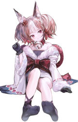 Rule 34 | 1girl, absurdres, animal ear fluff, animal ears, bare shoulders, bell, black gloves, black socks, brown hair, closed mouth, full body, fur-trimmed kimono, fur trim, gloves, hand up, highres, japanese clothes, jingle bell, kimono, long sleeves, looking at viewer, multicolored hair, nagata gata, neck bell, no shoes, obi, off shoulder, red eyes, revision, sash, sekka (shadowverse), shadowverse, simple background, sitting, socks, solo, streaked hair, tabi, twintails, white background, white hair, white kimono