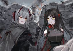 Rule 34 | 2girls, ahoge, antennae, arknights, black gloves, black hair, black shirt, explosion, female focus, fingerless gloves, gloves, grey cloak, highres, horns, ines (arknights), long hair, looking at another, middle finger, multiple girls, nail polish, one-hour drawing challenge, open mouth, parted bangs, red nails, shirt, short hair, silver hair, sleeveless, sleeveless shirt, smile, spacelongcat, w (arknights), yellow eyes