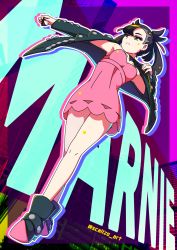 Rule 34 | 1girl, artist name, asymmetrical bangs, black footwear, black hair, black jacket, boots, breasts, character name, choker, closed mouth, creatures (company), dress, from below, full body, game freak, green eyes, hair ribbon, highres, holding, holding poke ball, jacket, legs, marnie (pokemon), nintendo, outstretched arm, pink dress, poke ball, poke ball (basic), pokemon, pokemon swsh, ribbon, scalizo, short dress, solo, twintails, two side up