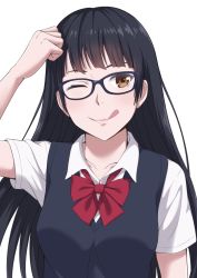 Rule 34 | 1girl, ;p, bad id, bad pixiv id, black hair, brown eyes, darknessukaru, glasses, long hair, one eye closed, original, school uniform, simple background, smile, solo, tehepero, tongue, tongue out, uniform, white background