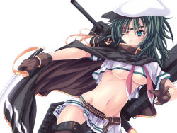Rule 34 | 10s, 1girl, ammunition belt, breasts, cape, eyepatch, gloves, green eyes, green hair, hat, highres, kantai collection, kiso (kancolle), kiso kai ni (kancolle), medium breasts, midriff, navel, sailor hat, solo, sword, takayuuki, thighhighs, turret, underboob, weapon