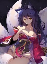 Rule 34 | 1girl, ahri (league of legends), animal ears, bare shoulders, black hair, breasts, chiroru (cheese-roll), cleavage, collarbone, detached sleeves, facial mark, fang, fox ears, fox girl, fox tail, highres, korean clothes, kyuubi, large breasts, league of legends, long hair, looking at viewer, multiple tails, slit pupils, solo, tail, whisker markings, yellow eyes