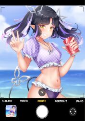 Rule 34 | 1girl, absurdres, alternate costume, beach, bikini, bikini bottom only, black hair, blue sky, blurry, blurry background, blush, breasts, can, cloud, cola, commentary request, cowboy shot, crop top, day, demon girl, demon horns, demon tail, earrings, fake phone screenshot, fake screenshot, frilled bikini, frilled shirt, frills, grin, highres, holding, holding can, horizon, horns, jewelry, kojo anna, long hair, looking at viewer, medium bangs, midriff, multicolored hair, nanashi inc., navel, necklace, ocean, outdoors, parted bangs, pointy ears, polka dot, polka dot shirt, puffy short sleeves, puffy sleeves, purple hair, purple shirt, robou no stone, shirt, short sleeves, sky, small breasts, smile, solo, swimsuit, tail, twintails, two-tone hair, viewfinder, virtual youtuber, w, water, yellow eyes