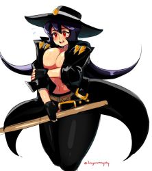 Rule 34 | 1girl, belt, black gloves, breasts, cleavage, coat, cosplay, covering privates, covering breasts, cropped legs, d-ryuu, embarrassed, filia (skullgirls), fingerless gloves, gloves, guilty gear, hat, johnny (guilty gear), johnny (guilty gear) (cosplay), kendo stick, large breasts, long hair, no bra, open clothes, open coat, pants, red eyes, sketch, skullgirls, solo, sweat, sword, thick thighs, thighs, weapon