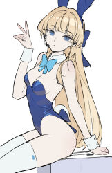 Rule 34 | 1girl, animal ears, bare shoulders, blonde hair, blue archive, blue bow, blue eyes, blue halo, blue leotard, bow, breasts, collar, detached collar, fake animal ears, fake tail, halo, highres, leotard, looking at viewer, medium breasts, official alternate costume, playboy bunny, rabbit ears, rabbit tail, tail, thighhighs, timbougami, toki (blue archive), toki (bunny) (blue archive), white collar, white thighhighs, white wrist cuffs, wrist cuffs