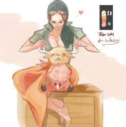 Rule 34 | 1boy, 1girl, black hair, eye contact, flower, flower necklace, jewelry, long hair, looking at another, necklace, nico robin, one piece, reindeer, sitting, sitting on lap, sitting on person, smile, tagme, tony tony chopper