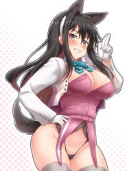 Rule 34 | 1girl, adapted costume, animal ears, black hair, black panties, blue eyes, blush, bow, breasts, dog ears, dog tail, gloves, grin, groin, hairband, hand on own hip, highleg, highres, jacket, kantai collection, large breasts, long hair, looking at viewer, multicolored eyes, multicolored hair, naganami (kancolle), naganami kai ni (kancolle), panties, pink hair, salute, smile, solo, tail, thighhighs, underwear, white gloves, yellow eyes, yoshi tama