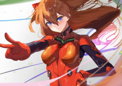 Rule 34 | 1girl, absurdres, artist request, blue eyes, blush, bodysuit, breasts, brown hair, floating hair, hand on own hip, highres, interface headset, long hair, looking at viewer, medium breasts, neon genesis evangelion, pilot suit, plugsuit, red bodysuit, shiny clothes, simple background, smile, solo, souryuu asuka langley, v, very long hair