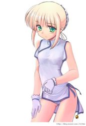 Rule 34 | 00s, 1girl, alternate costume, artoria pendragon (all), artoria pendragon (fate), blonde hair, china dress, chinese clothes, cowboy shot, dress, fate/stay night, fate (series), female focus, gloves, green eyes, looking at viewer, namonashi, saber (fate), short dress, simple background, solo, watermark, web address, white background, white gloves
