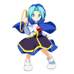 Rule 34 | &gt;:), 1girl, blue eyes, blue hair, blush, cape, cato (monocatienus), cloak, dress, hood, hooded cloak, jewelry, kumoi ichirin, large ring, looking at viewer, matching hair/eyes, necklace, orb, ring, short hair, smug, socks, solo, touhou, v-shaped eyebrows, wide sleeves, aged down