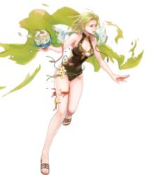 Rule 34 | 1girl, bare arms, blonde hair, blue eyes, breasts, cape, cleavage, coconut, collarbone, drinking straw, earrings, feet, female focus, fire emblem, fire emblem: the sacred stones, fire emblem heroes, flower, fruit cup, full body, green cape, high heel sandals, highleg, highleg swimsuit, highres, holding, jewelry, long hair, looking at viewer, medium breasts, nintendo, official art, one-piece swimsuit, parted bangs, parted lips, sandals, selena (fire emblem: the sacred stones), selena (summer) (fire emblem: the sacred stones), shiny skin, solo, swimsuit, thigh strap, thighs, toeless footwear, toes, torn cape, torn clothes, torn swimsuit, transparent background, wada sachiko