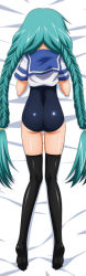 Rule 34 | 1990s (style), 1girl, aqua hair, ass, back, bed sheet, braid, canal vorfeed, dakimakura (medium), female focus, from behind, full body, long hair, long image, lost universe, lying, no pants, one-piece swimsuit, retro artstyle, sailor collar, school swimsuit, shiny skin, solo, sugimura tomokazu, swimsuit, swimsuit under clothes, tall image, thighhighs, twin braids, very long hair