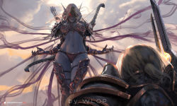 Rule 34 | 1boy, 1girl, anduin wrynn, armor, arrow (projectile), artist name, bikini armor, black panties, blonde hair, blue skin, bow (weapon), breasts, breasts apart, closed mouth, cloud, cloudy sky, colored skin, dark elf, elf, floating, gauntlets, glowing, glowing eyes, greaves, highres, holding, holding sword, holding weapon, hood, hood up, looking down, navel, outdoors, panties, patreon logo, patreon username, pauldrons, pink lips, plate armor, pointy ears, ponytail, quiver, red eyes, shoulder armor, sky, sword, sylvanas windrunner, thigh gap, underwear, warcraft, weapon, wlop, world of warcraft