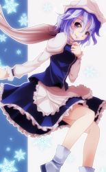 Rule 34 | 1girl, apron, bad id, bad pixiv id, blue eyes, blue hair, female focus, hand on own chest, hat, highres, lace, letty whiterock, light purple hair, looking at viewer, matching hair/eyes, purple eyes, scarf, shoes, short hair, skirt, skirt set, smile, snow, solo, touhou, tsukishiro saika, waist apron