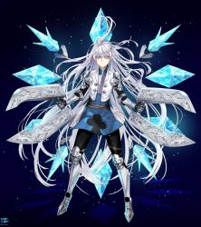 Rule 34 | 1other, androgynous, armor, bad id, bad pixiv id, blue eyes, braid, closed mouth, dual wielding, floating, floating hair, gauntlets, greaves, highres, holding, holding weapon, ice, long hair, oollnoxlloo, original, pauldrons, shoulder armor, signature, solo, standing, sword, vambraces, weapon, white hair