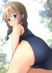 Rule 34 | 1girl, ass, ass focus, blue eyes, blue one-piece swimsuit, braid, brown hair, cowboy shot, highres, long hair, looking at viewer, looking back, low twintails, old school swimsuit, one-piece swimsuit, original, school swimsuit, shibacha, solo, swimsuit, twin braids, twintails