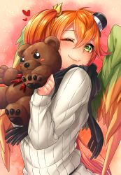Rule 34 | 1girl, bird wings, blush, commentary request, green eyes, hat, heart, highres, leilan (p&amp;d), long hair, looking at viewer, mini hat, one eye closed, orange hair, puzzle &amp; dragons, ribbed sweater, scarf, side ponytail, smile, solo, stuffed animal, stuffed toy, sweater, teddy bear, wings, yuzutosen
