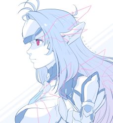 Rule 34 | 1girl, android, blue hair, breasts, expressionless, forehead protector, gloves, kos-mos, kos-mos re:, koyorin, long hair, nintendo, red eyes, simple background, solo, very long hair, white background, xenoblade chronicles (series), xenoblade chronicles 2, xenoblade chronicles (series), xenoblade chronicles 2, xenosaga