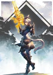 Rule 34 | 1girl, animal ears, armor, warrior of light (ff14), black footwear, black gloves, black hairband, boots, buttons, cat ears, cat girl, cat tail, collared jacket, eyes visible through hair, final fantasy, final fantasy xiv, fingerless gloves, from side, full body, gloves, grey hair, grey jacket, grey pants, gunblade, hair over one eye, hairband, hands up, highres, holding, holding weapon, index finger raised, jacket, knee boots, leg up, looking back, machinist (final fantasy), miqo&#039;te, pants, pauldrons, pouch, short hair, shoulder armor, shukei, slit pupils, smile, solo, standing, standing on one leg, swept bangs, tail, weapon
