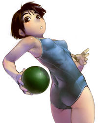 Rule 34 | 1girl, armpits, ass, ball, blush, breasts, brown eyes, brown hair, cowboy shot, leotard, muscular, one-piece swimsuit, satou toshiyuki, short hair, simple background, solo, swimsuit, white background