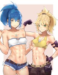 Rule 34 | 2girls, abs, absurdres, armlet, bare shoulders, barefoot, belt, blonde hair, blue eyes, blue hair, braid, breasts, collar, cosplay, costume switch, deccatezu, dog tags, fate (series), gloves, green skirt, hand on own hip, highres, leona heidern, mordred (fate), multiple girls, muscular, muscular female, navel, ponytail, pouch, short ponytail, short shorts, shorts, simple background, skirt, small breasts, snk, tank top, the king of fighters, the king of fighters xv, yellow tank top