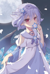 Rule 34 | 1girl, alternate costume, backlighting, bare shoulders, bat wings, beni kurage, blue bow, blue flower, blue hair, blue neckwear, blue ribbon, blush, bow, clothing cutout, commentary request, covered mouth, cowboy shot, dress, flower, flower over mouth, full moon, hair between eyes, hair bow, hair flower, hair ornament, hand up, highres, holding, holding flower, juliet sleeves, long sleeves, looking at viewer, moon, night, night sky, no headwear, outdoors, petals, puffy sleeves, red eyes, remilia scarlet, ribbon, sailor collar, short hair, shoulder cutout, skirt hold, sky, solo, standing, touhou, white dress, white sailor collar, wide sleeves, wings