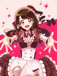 Rule 34 | 1girl, absurdres, apron, back bow, blush, bow, bowtie, brown eyes, brown hair, buttons, center frills, character name, checkerboard cookie, cookie, curly hair, dress, food, frilled apron, frills, hair bow, highres, hinata (kao-ri), idolmaster, idolmaster cinderella girls, idolmaster cinderella girls starlight stage, lace, lace-trimmed dress, lace-trimmed sleeves, lace trim, long hair, looking at viewer, maid headdress, one side up, open mouth, outstretched arms, reaching, reaching towards viewer, shimamura uzuki, short sleeves, smile, solo, striped bow, waist apron, wrist cuffs