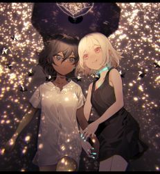 Rule 34 | 2girls, absurdres, aged down, albino, arm hug, bad id, bad pixiv id, bare arms, bare shoulders, black dress, blue choker, blue nails, breasts, brown hair, child, choker, cleavage, closed mouth, collarbone, commentary, couple, dark-skinned female, dark skin, dress, glowing, glowing nails, grey eyes, grin, hair between eyes, highres, holding hands, interracial, letterboxed, light, looking at another, lying, medium hair, micchan (ohisashiburi), multiple girls, nacchan (ohisashiburi), nail polish, ohisashiburi, on back, on floor, on side, original, parted lips, red eyes, shirt, short dress, short hair, short sleeves, sleeveless, sleeveless dress, small breasts, smile, star (symbol), symbol-only commentary, white hair, white shirt, yuri