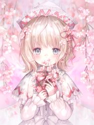 Rule 34 | 1girl, alternate hair length, alternate hairstyle, blonde hair, blush, bow, bowtie, brown hair, buttons, capelet, cherry blossoms, covering own mouth, dress, fairy wings, flower, frills, grey bow, grey eyes, hair flower, hair ornament, hair ribbon, hands up, hat, highres, light brown hair, lily white, long sleeves, looking at viewer, pink background, pink bow, pink bowtie, pink flower, pink ribbon, pink theme, puffy long sleeves, puffy sleeves, ribbon, sasami (shiroi fuwafuwa), short hair, solo, standing, touhou, white capelet, white dress, white hat, wings