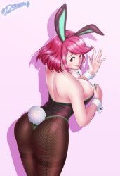 Rule 34 | 1girl, ahoge, animal ears, ass, back, backless outfit, bare shoulders, blush, breasts, come hither, diskette, earrings, fake animal ears, from behind, highres, jewelry, large breasts, leotard, looking at viewer, nintendo, pantyhose, playboy bunny, pyra (xenoblade), rabbit ears, rabbit tail, red eyes, red hair, shiny skin, short hair, sideboob, smile, solo, tail, xenoblade chronicles (series), xenoblade chronicles 2